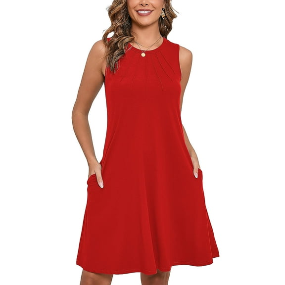 Chiclily Summer Dresses for Women Casual Beach Sleeveless Pleated Front Tank Dress with Pockets, Red 2XL