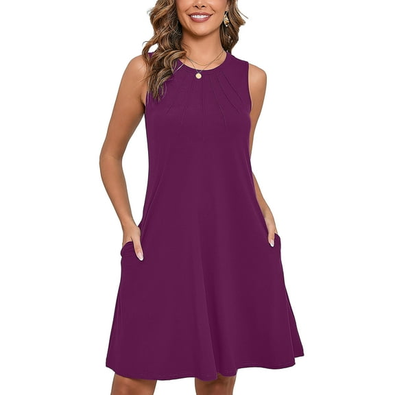 Chiclily Summer Dresses for Women Casual Beach Sleeveless Pleated Front Tank Dress with Pockets, Violet 2XL