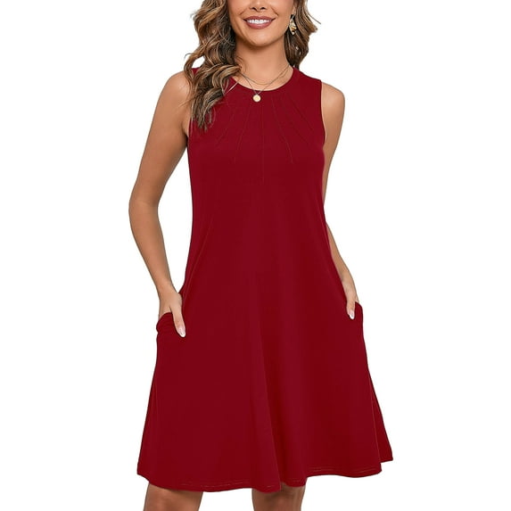 Chiclily Summer Dresses for Women Loose Sleeveless Pleated Front T-shirt Sundress with Pockets, Burgundy XL