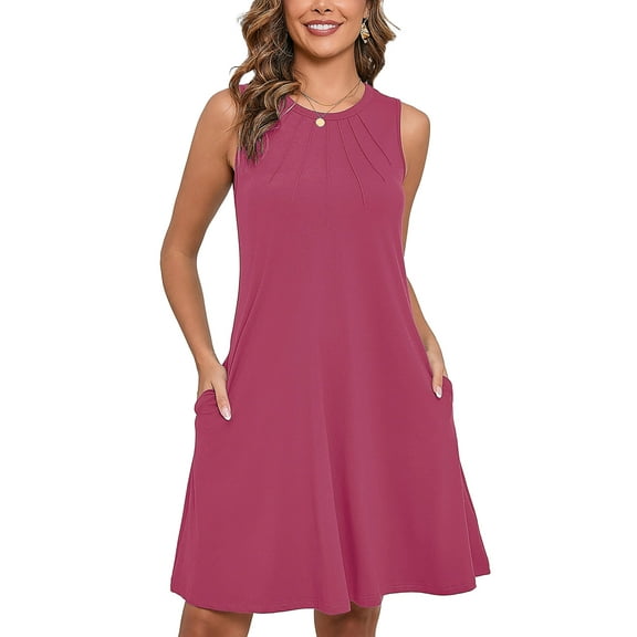 Chiclily Summer Dresses for Women Loose Sleeveless Pleated Front T-shirt Sundress with Pockets, Mauve XL