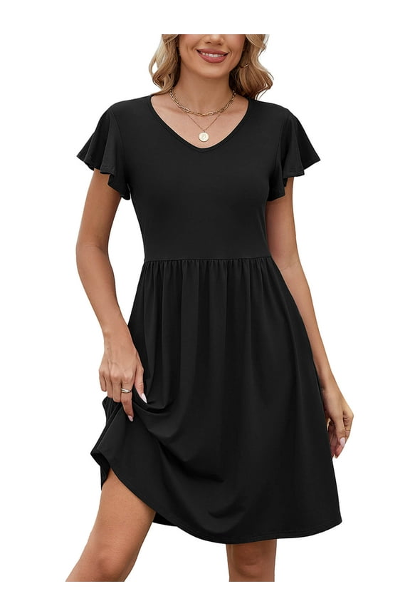 Summer Dresses for Women Ruffle Sleeve Black Midi Dress Boho Beach Sundress with Pockets, Size M