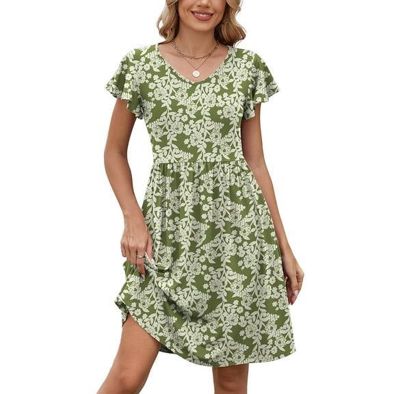 Chiclily Summer Dresses for Women Ruffle Sleeve Midi Dress Boho Beach Sundress with Pockets, Green Roses S