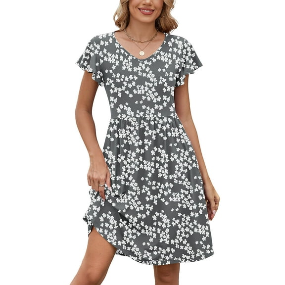 Chiclily Summer Dresses for Women Ruffle Sleeve Midi Dress Boho Beach Sundress with Pockets, Grey Sakura L