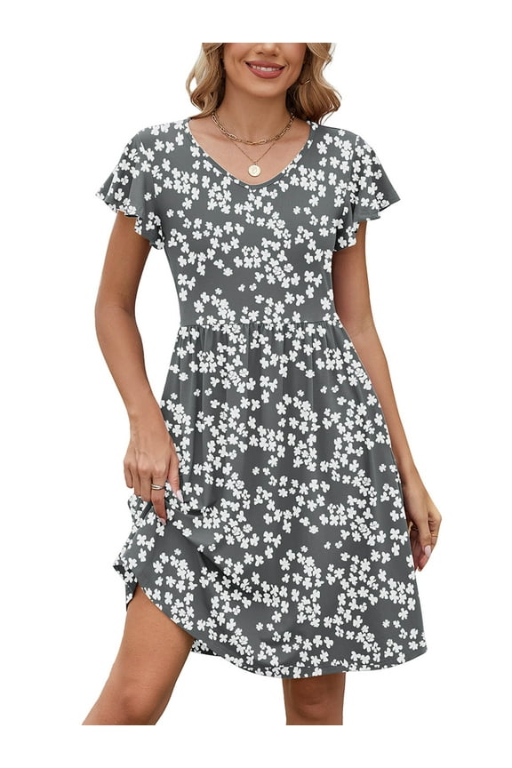 Summer Dresses for Women Ruffle Sleeve Midi Dress Boho Beach Sundress with Pockets, Grey Sakura M