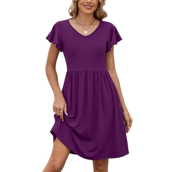Chiclily Summer Dresses for Women Ruffle Sleeve Midi Dress Boho Beach Sundress with Pockets, Purple 2XL