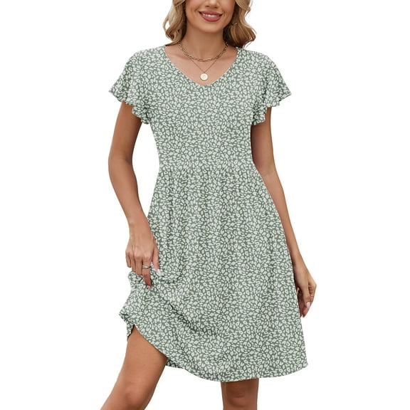 Chiclily Summer Dresses for Women Ruffle Sleeve Midi Dress Boho Beach Sundress with Pockets, Spots XL