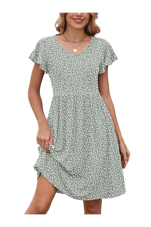 Summer Dresses for Women Ruffle Sleeve Midi Dress Boho Beach Sundress with Pockets, Spots XL