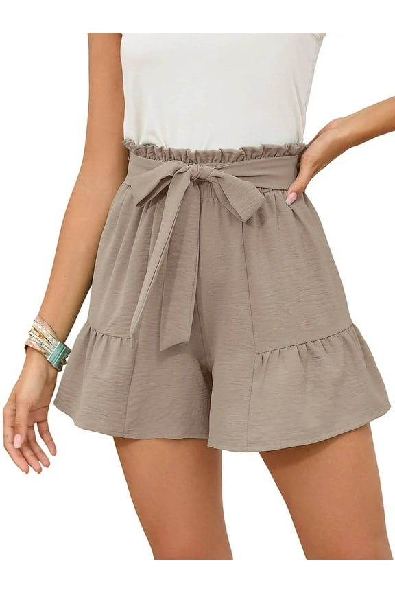 Summer High Waist Wide Leg Shorts for Womens Casual Loose Elastic Waist Lounge Beach Shorts with Pockets, US Size Large, Wheat