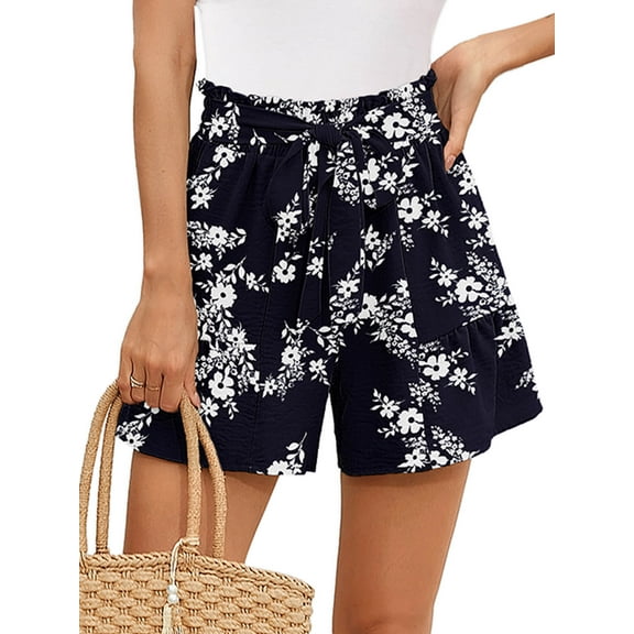 Chiclily Summer High Waist Wide Leg Shorts for Womens Casual Loose Elastic Waist Lounge Beach Shorts with Pockets, US Size XL, Navy White Flower