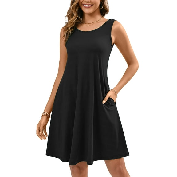Chiclily Summer Sleeveless Dress Casual Beach Cover up Tank Sundress with Pockets, Black M