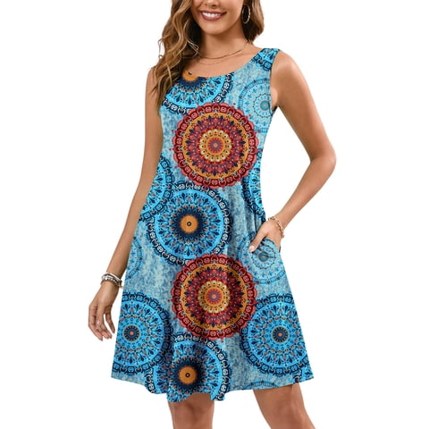 Summer Sleeveless Dress Casual Beach Cover up Tank Sundress with Pockets, Floral Mix Blue XL