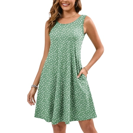 Chiclily Summer Sleeveless Dress Casual Beach Cover up Tank Sundress with Pockets, Leaves 2XL