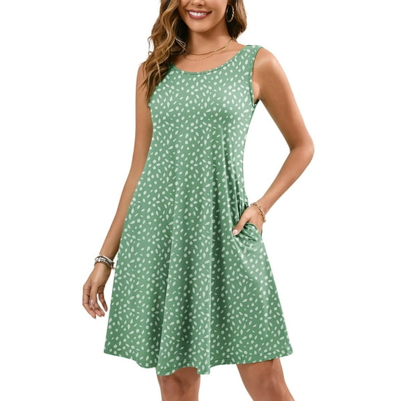 Chiclily Summer Sleeveless Dress Casual Beach Cover up Tank Sundress with Pockets, Leaves L