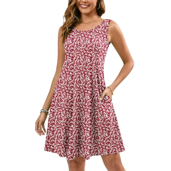 Chiclily Summer Sleeveless Dress Casual Beach Cover up Tank Sundress with Pockets, Maple Leaf S