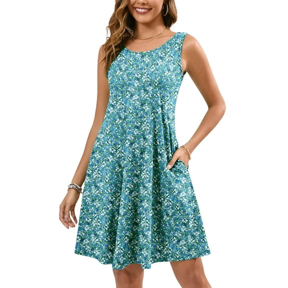 Chiclily Summer Sleeveless Dress Casual Beach Cover up Tank Sundress with Pockets, Monet Garden S