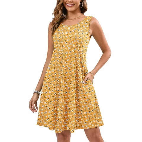 Summer Sleeveless Dress Casual Beach Cover up Tank Sundress with Pockets, Yellow White Flower S