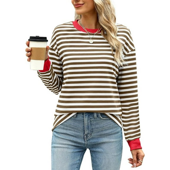 Chiclily Sweatshirts for Women Crewneck Loose Fit Long Sleeve Striped T-Shirts Brown Stripe 2XL