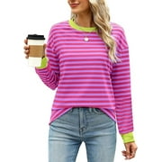 CHICLILY Sweatshirts for Women Crewneck Loose Fit Long Sleeve Striped T-Shirts Pink Stripe L