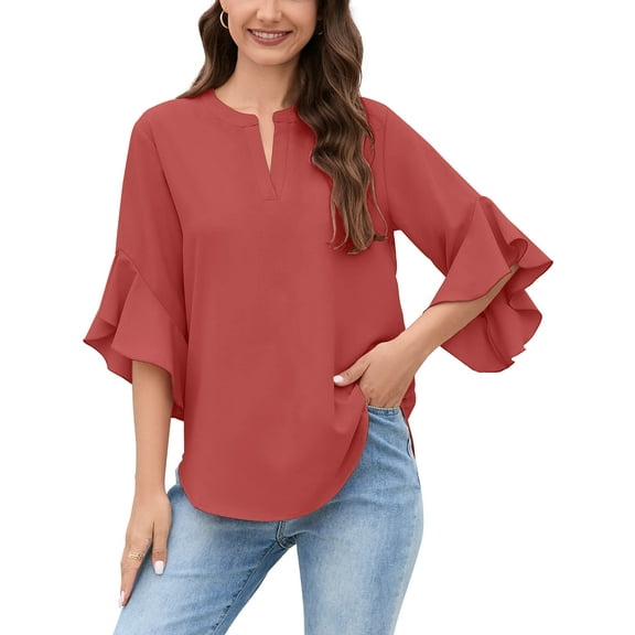 Chiclily Women Blouse 3/4 Sleeve Work Shirt Split Neck Tunic Top Office Wear, US Size Medium in Coral