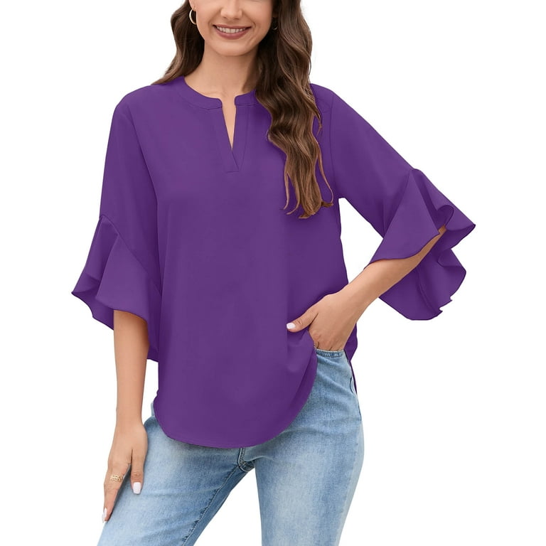 Chiclily Women Dressy Tops Summer Casual V Neck Blouse Flowy 3 4 Ruffle Sleeve Top for Women US Size XL in Purple Women s