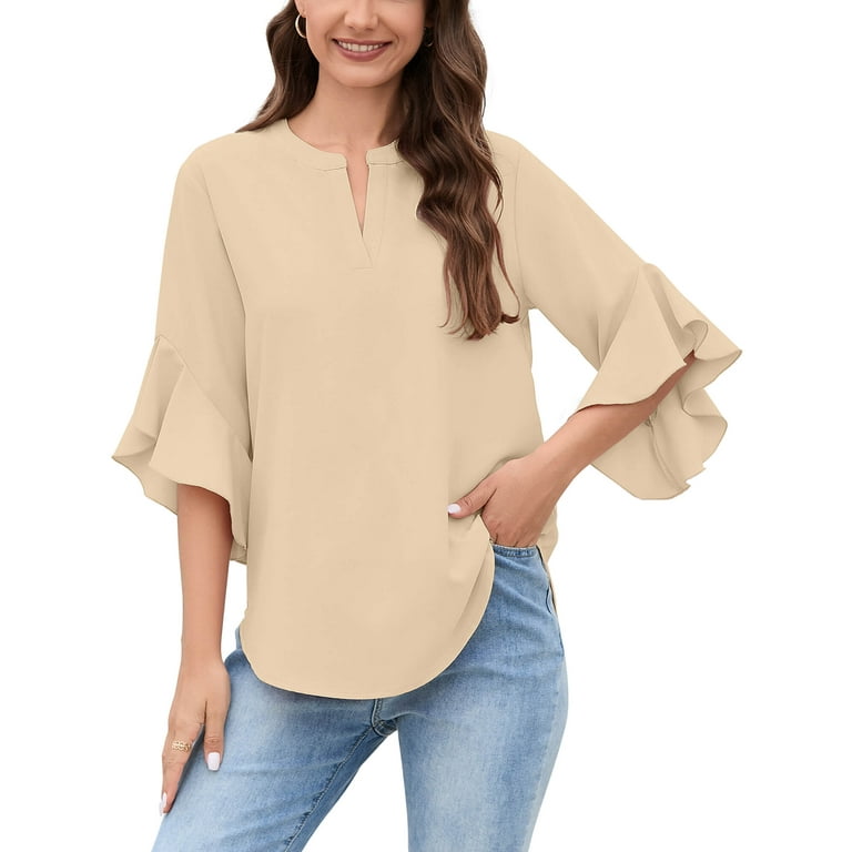 Chiclily Women Dressy Tops Summer Casual V Neck Blouse Flowy 3 4 Ruffle Sleeve Top for Women US Size XL in Wheat