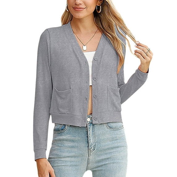 Chiclily Women Lightweight Cardigan Long Sleeve V Neck Casual Knit Cardigan Sweaters, US Size XL in Light Gray