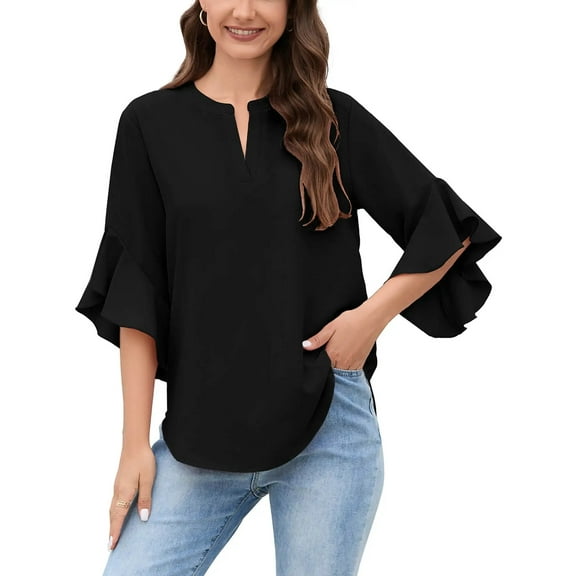 Chiclily Women Loose Blouse V-Neck 3/4 Sleeve Workwear Blouse Shirt Tops for Women, US Size Large in Black
