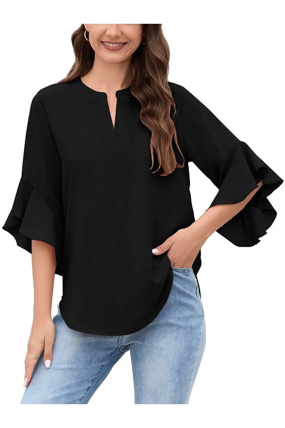 Women Loose Blouse V-Neck 3/4 Sleeve Workwear Blouse Shirt Tops for Women, US Size Large in Black