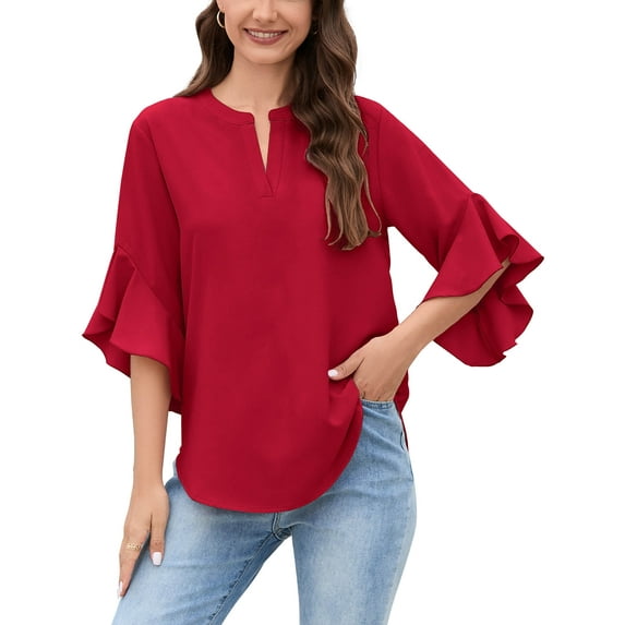 Chiclily Women Loose Blouse V-Neck 3/4 Sleeve Workwear Blouse Shirt Tops for Women, US Size Large in Red