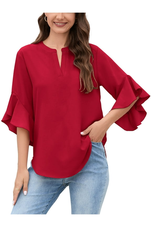 Women Loose Blouse V-Neck 3/4 Sleeve Workwear Blouse Shirt Tops for Women, US Size Large in Red