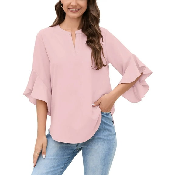 Chiclily Women Loose Blouse V-Neck 3/4 Sleeve Workwear Blouse Shirt Tops for Women, US Size Large in Sakura Pink