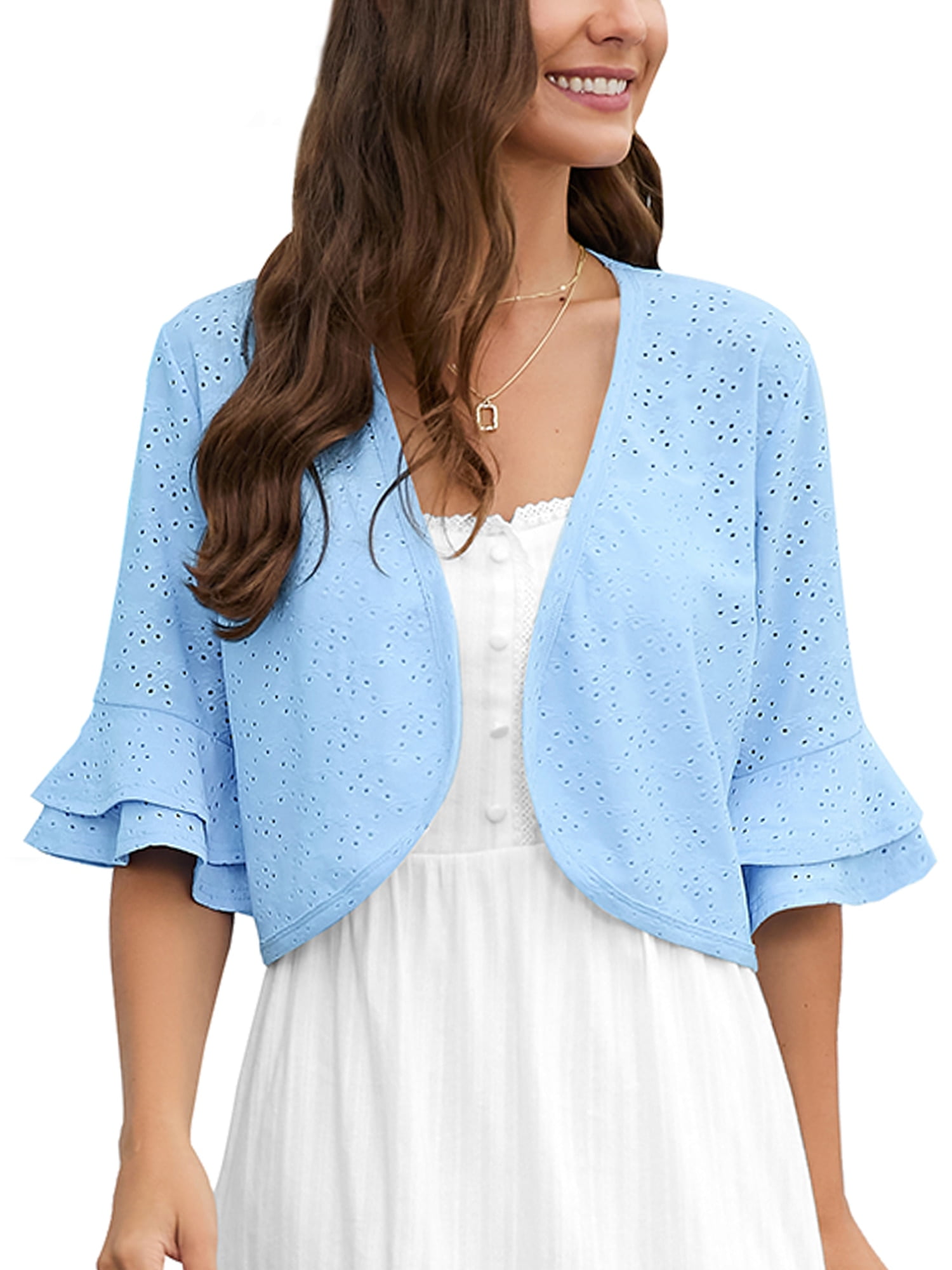 Women's 3/4 Sleeve Open Front Cropped Cardigan - Lightweight Bolero Shrug Sweater, Blue, Medium
