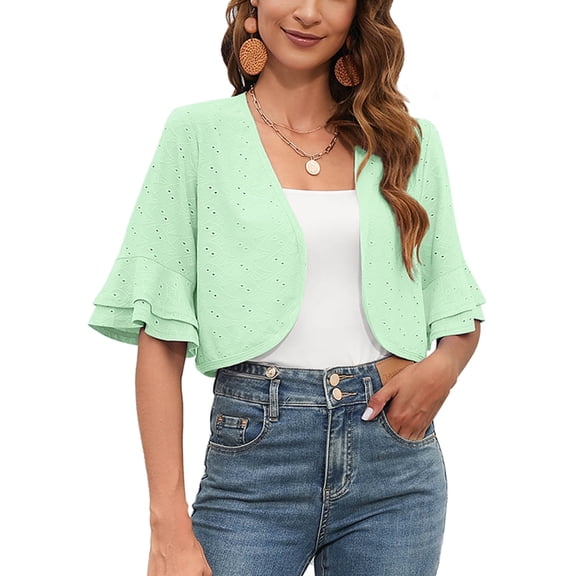 Chiclily Women Summer 3/4 Sleeve Bolero Shrug for Dress Open Front Scalloped Cropped Lightweight Cardigan, US Size Medium in Light Green