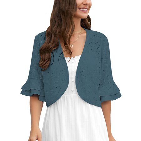 Chiclily Women Summer 3/4 Sleeve Bolero Shrug for Dress Open Front Scalloped Cropped Lightweight Cardigan, US Size XL in Grey Blue