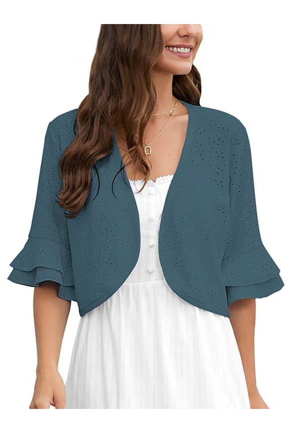 Women Summer 3/4 Sleeve Bolero Shrug for Dress Open Front Scalloped Cropped Lightweight Cardigan, US Size XL in Grey Blue