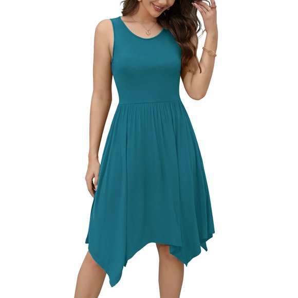 Chiclily Women Summer Casual T-Shirt Dress Sleeveless Irregular Hem Beach Loose Dress with pockets, US Size 2XL, Lake Blue