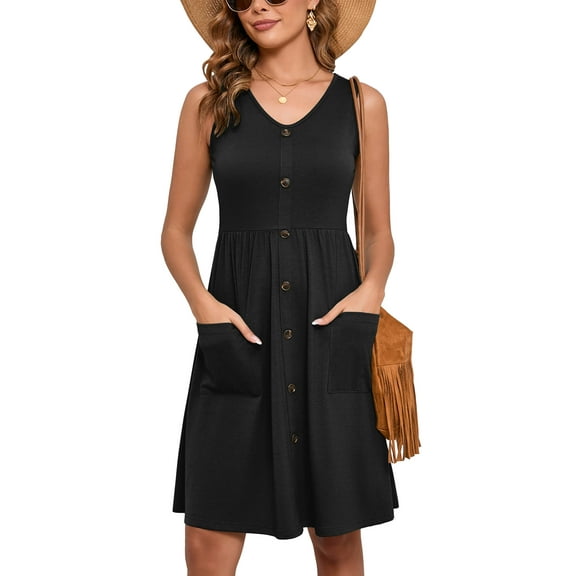 Chiclily Women Summer Dresses Sleeveless Casual Loose Swing Button Down Midi Dress with Pockets, Black S