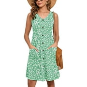 Chiclily Women Summer Dresses Sleeveless Casual Loose Swing Button Down Midi Dress with Pockets, Fresh Daisy 2XL