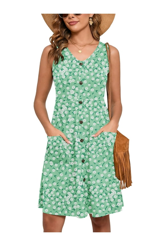 Women Summer Dresses Sleeveless Casual Loose Swing Button Down Midi Dress with Pockets, Fresh Daisy XL