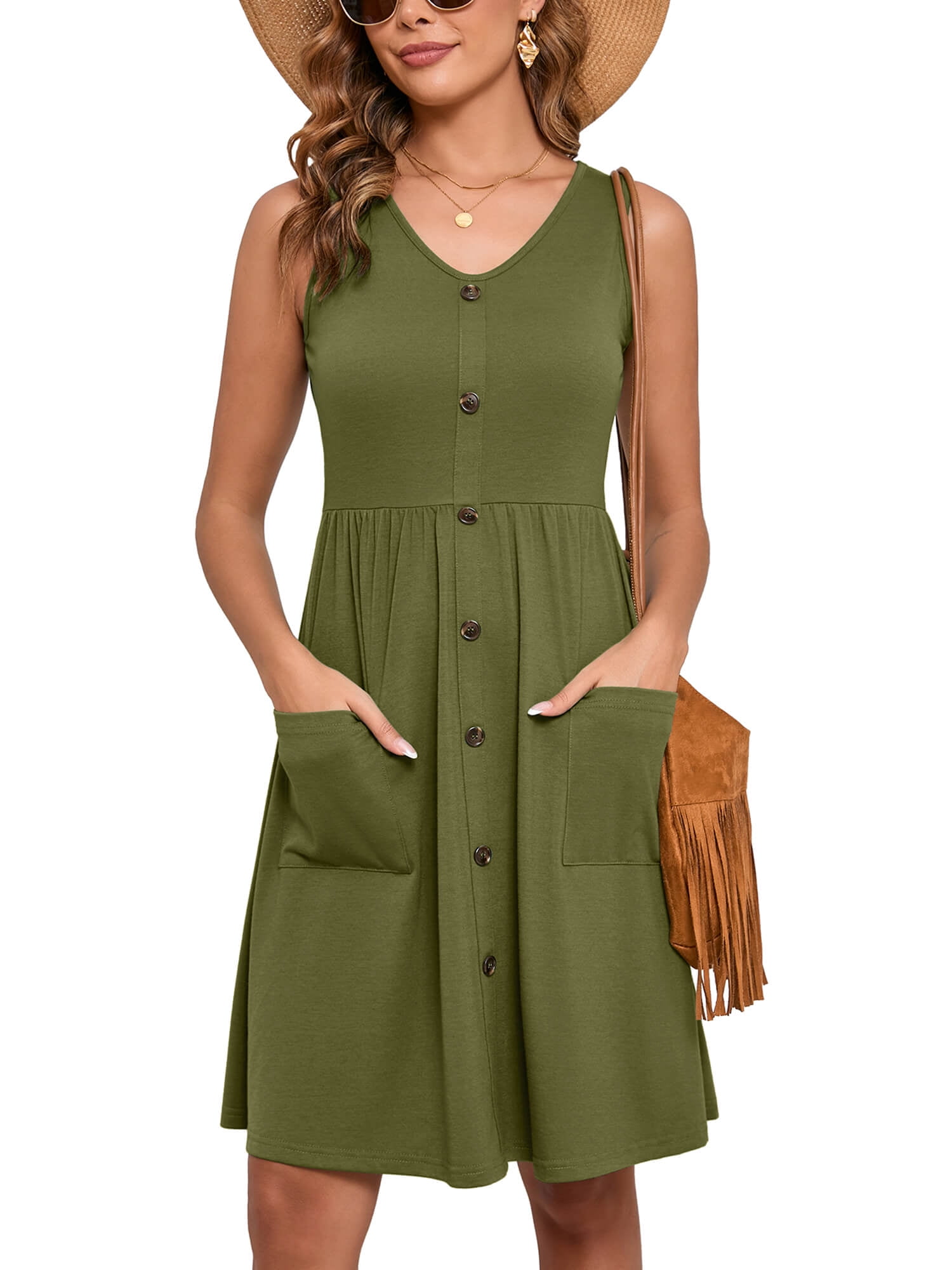Chiclily Women Summer Dresses Sleeveless Casual Loose Swing Button Down Midi Dress with Pockets, Olive Green XL Chiclily Women Summer Dresses Sleeveless Casual Loose Swing Button Down Midi Dress with Pockets, Olive Green XL