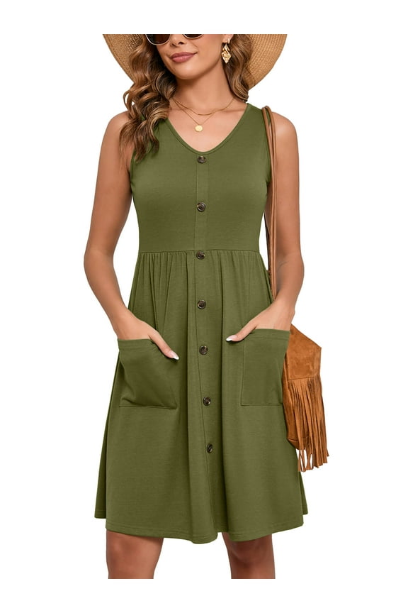 Women Summer Dresses Sleeveless Casual Loose Swing Button Down Midi Dress with Pockets, Olive Green XL