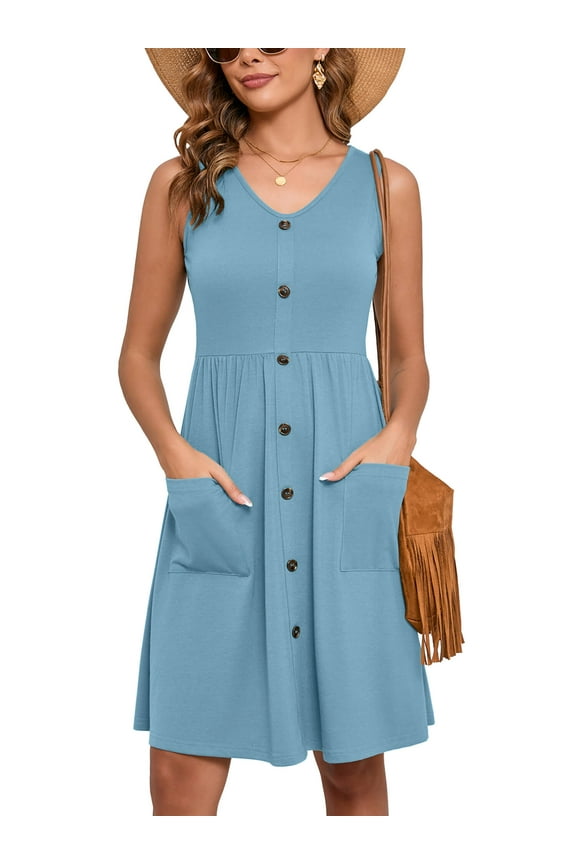 Women Summer Dresses Sleeveless Casual Loose Swing Button Down Midi Dress with Pockets, Rackley Blue L
