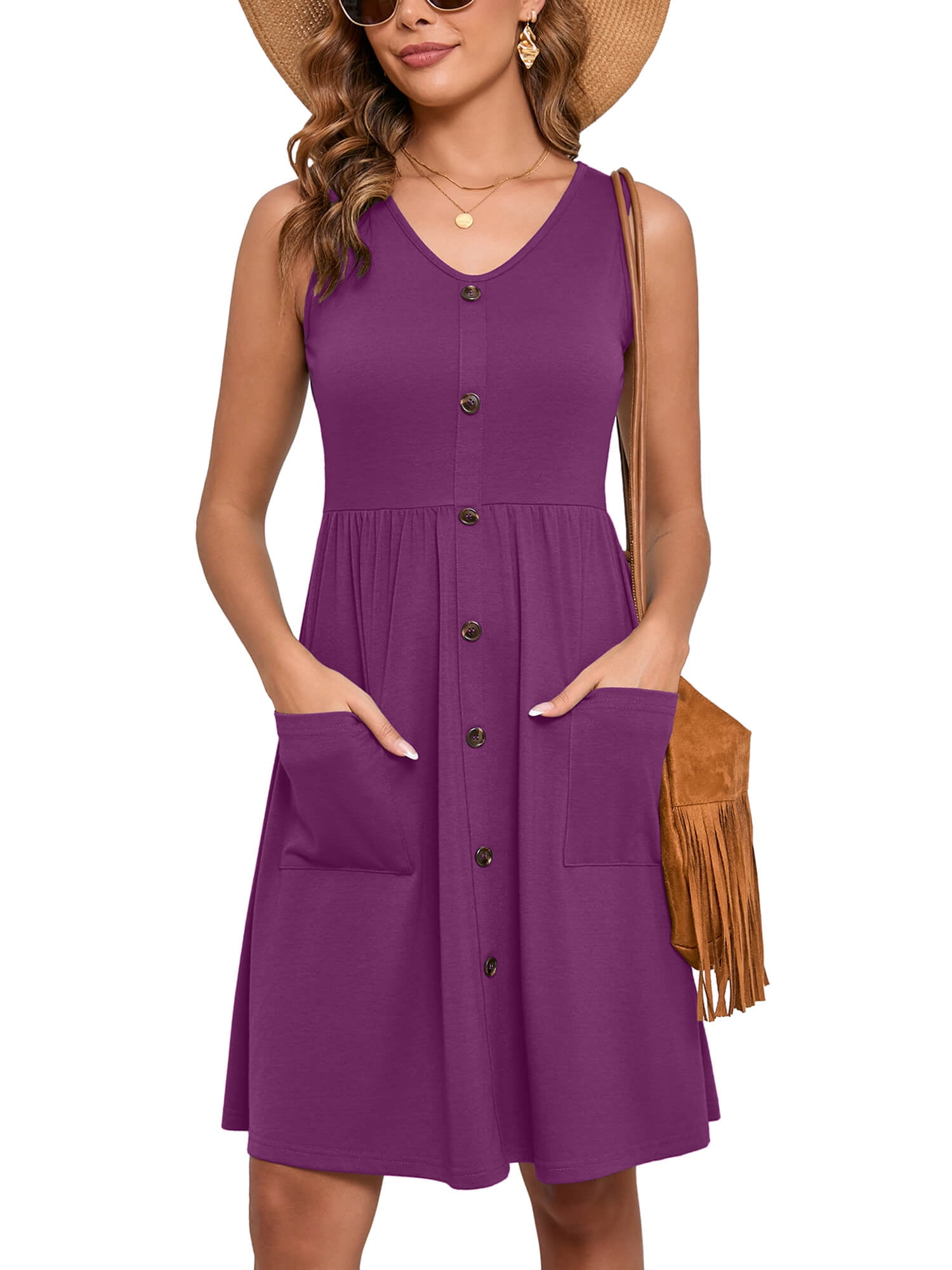 Women Summer Dresses Sleeveless Casual Loose Swing Button Down Midi Dress with Pockets, Violet L