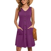 CHICLILY Women Summer Dresses Sleeveless Casual Loose Swing Button Down Midi Dress with Pockets, Violet L