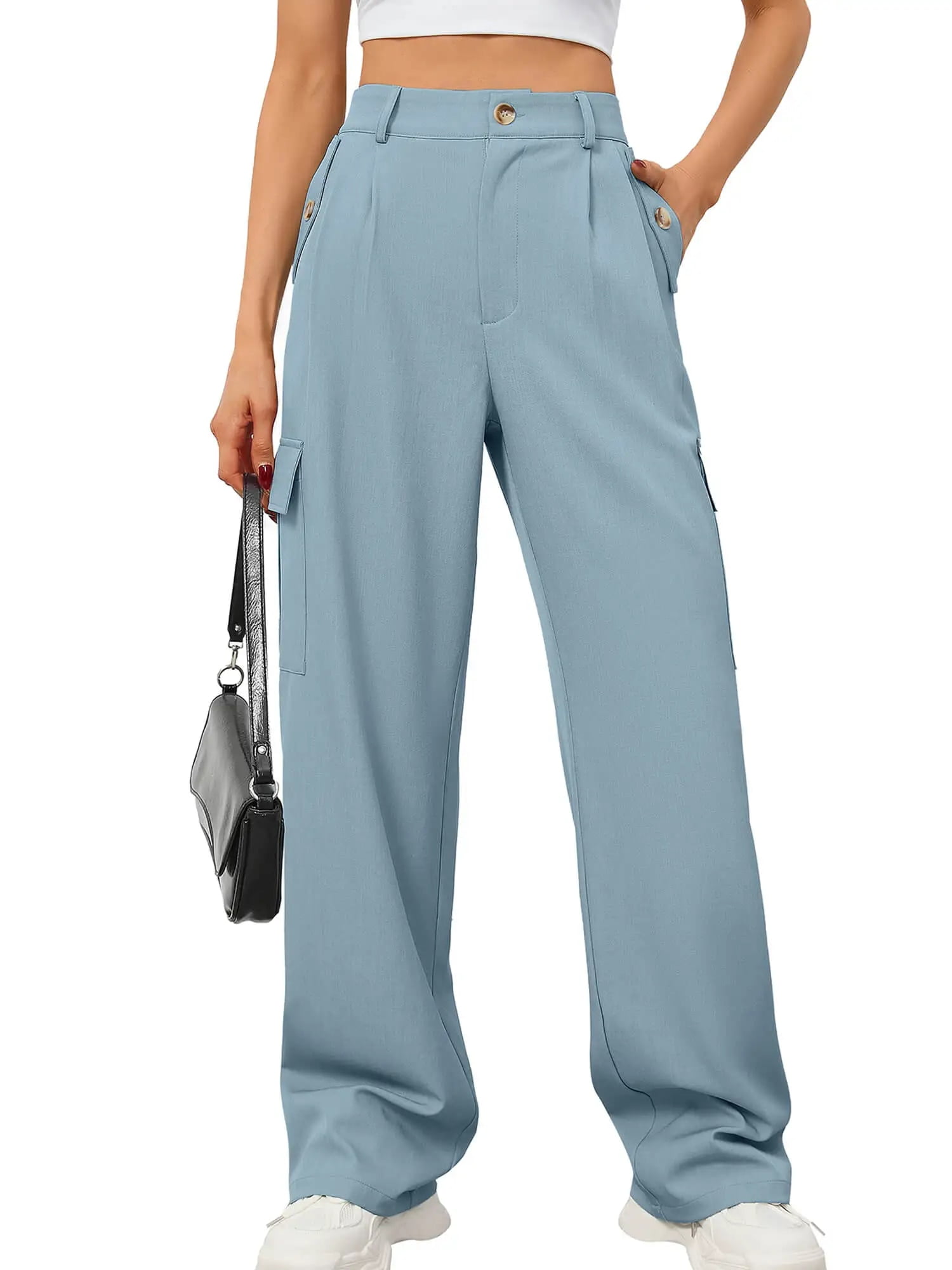 Chiclily Women Wide Leg Lounge Pants Denim Blue M Work Business Casual  Loose High Waisted Dress Palazzo Flowy Trousers with Pockets