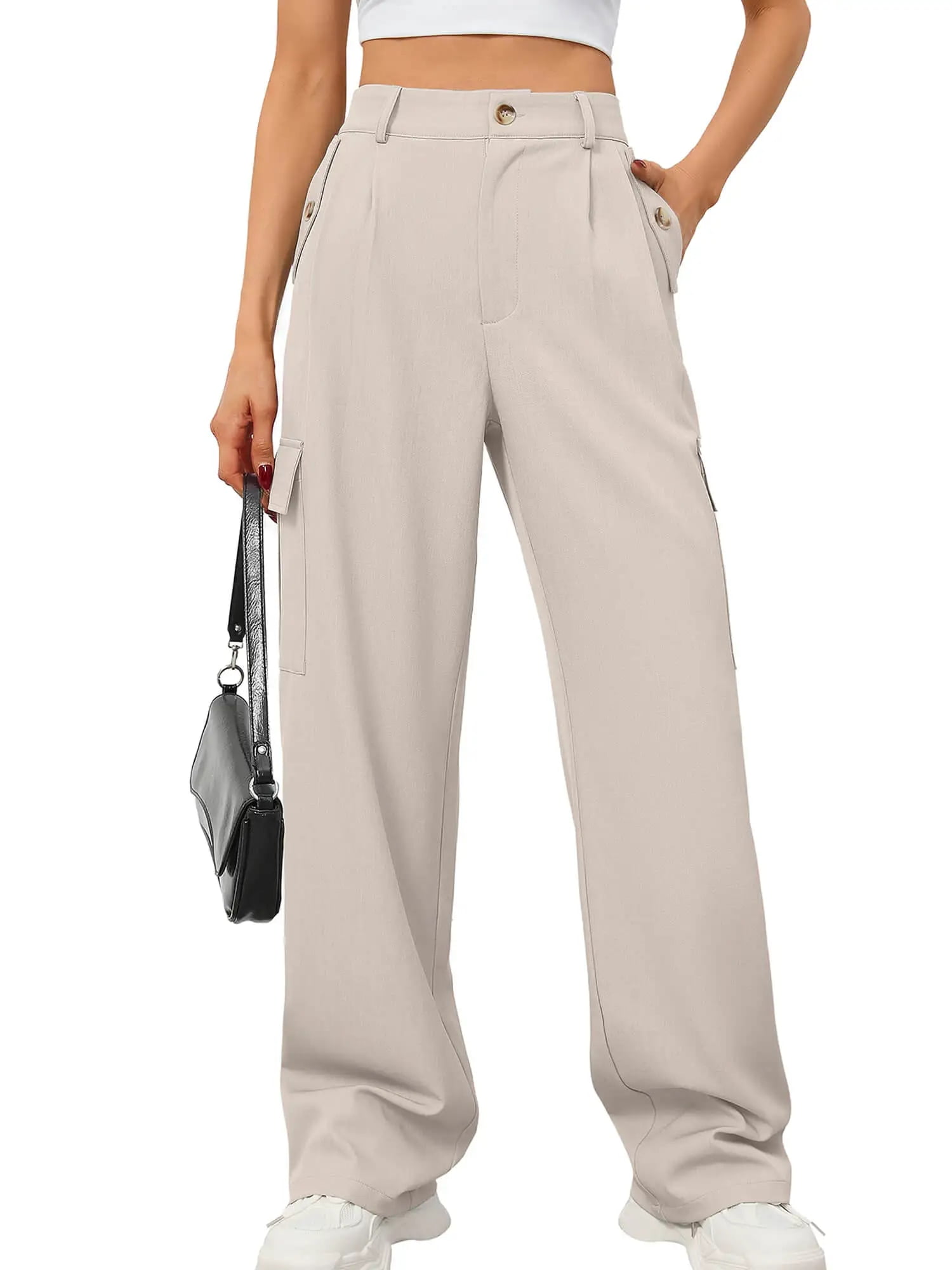 Chiclily Women Wide Leg Pants Loose High Waist Trousers Apricot L