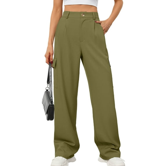 Chiclily Women Wide Leg Pants Loose High Waist Trousers Army Green L Baggy Pants with Pockets Casual Comfy Streetwear Punk Trousers for Women