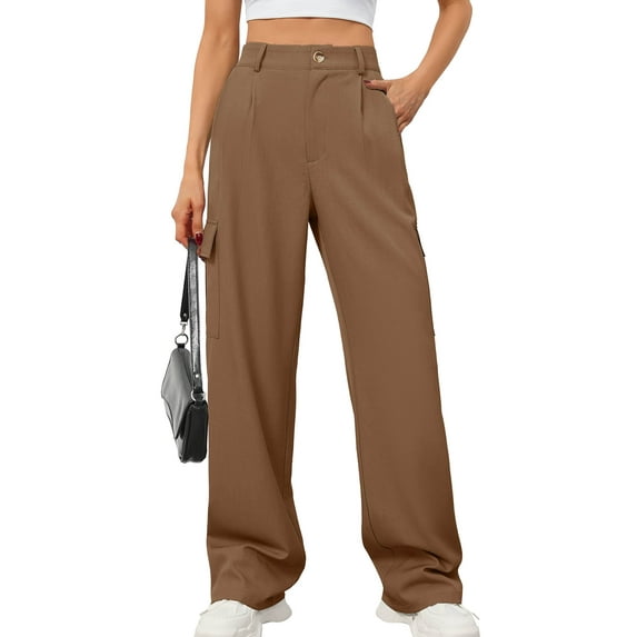 Chiclily Women Wide Leg Pants Loose High Waist Trousers Coffee L Baggy Pants with Pockets Casual Comfy Streetwear Punk Trousers for Women