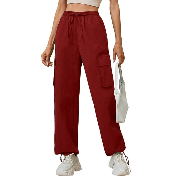 Chiclily Women Wide Leg Pants Lightweight Quick Dry Cargo Sweatpants with 4 Pockets, Red XL