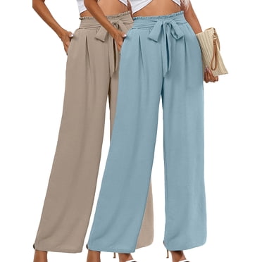 Women's Wide Leg Palazzo Pants - High Waist Elastic Tie Knot Trousers With Pockets